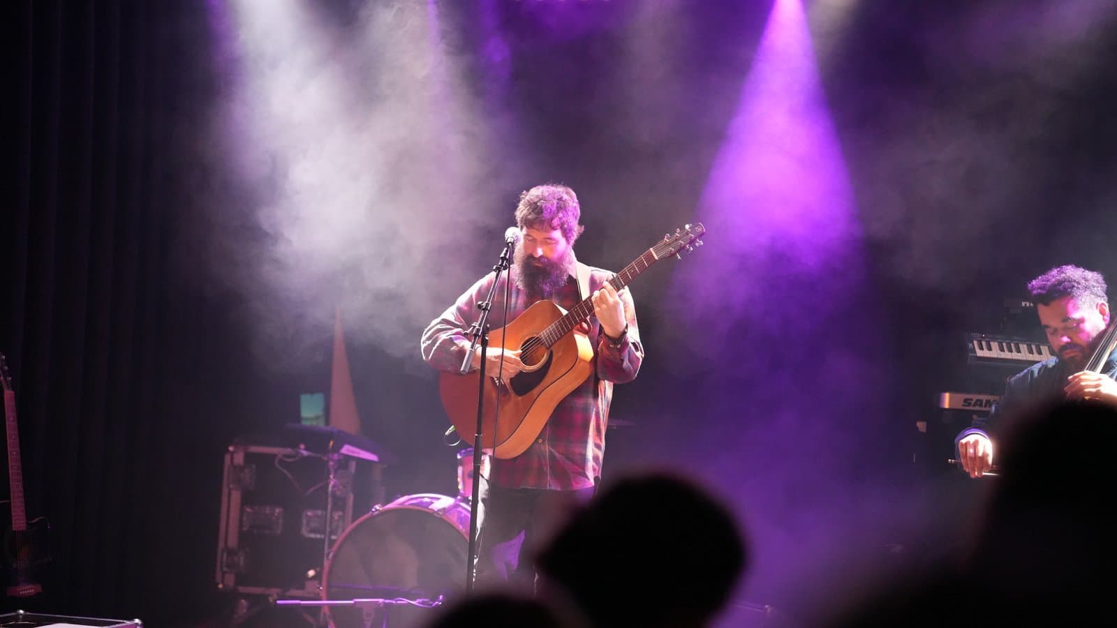 Folk musician performing with acoustic guitar under purple lights